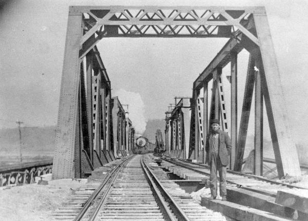 Historic photo of the nearly complete Big Four bridge over the Great Miami River in 1914