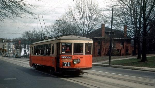Historic photo of a former interurban car on Madison Road in East Walnut Hills