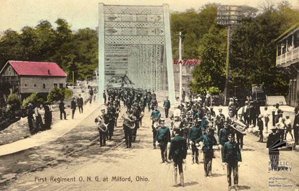 Historic postcard showing the CM&B on the Little Miami River bridge in Milford