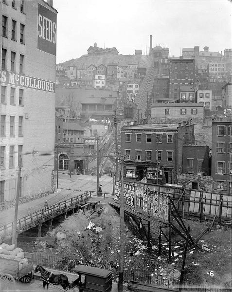 Historic photo of 5th and Lock Streets at the base of the Mt. Adams Incline