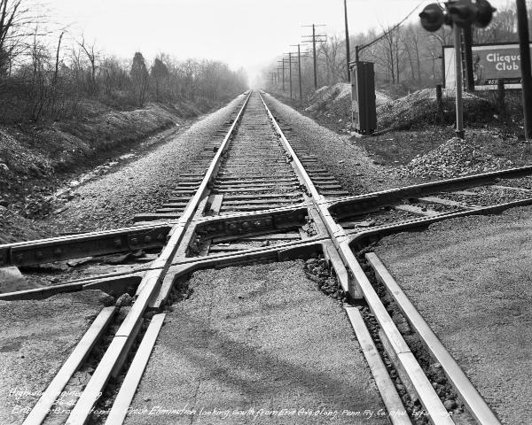 Historic photo of the PRR Richmond Division tracks intersecting with Erie Avenue streetcar tracks at the border between East Hyde Park and Madisonville