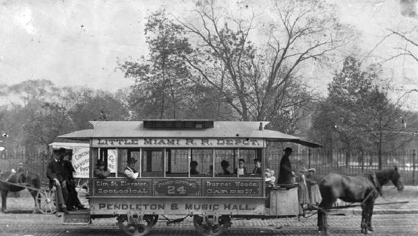 Historic photo of a horsecar on Elm Street at Washington Park