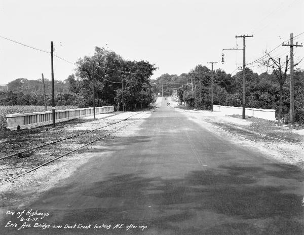 Historic photo of Erie Avenue at the Duck Creek Bridge near today's Deupree House in East Hyde Park