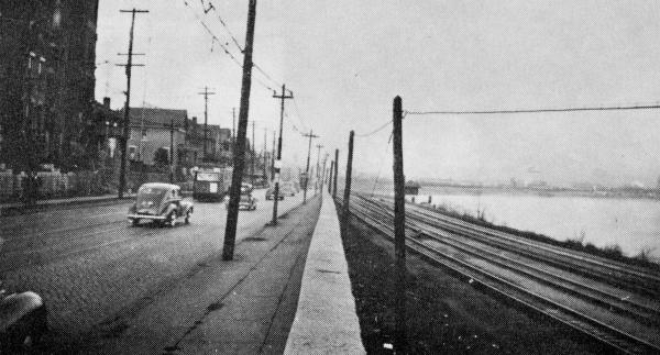 River Road in the 1940s showing tracks heading between downtown and the CL&A depot, along with the Big Four and B&O Railroads to the right