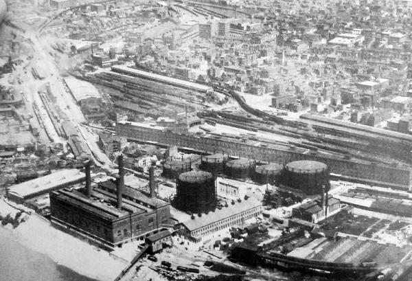 Historic aerial of West Front Street, now Mehring Way, and several railroad facilities