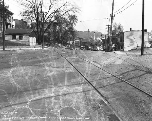 Historic photo of the Cincinnati & Westwood tracks crossing Harrison Avenue in South Fairmount