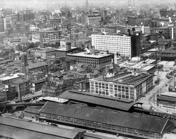 Historic aerial of the Pennsylvania/Little Miami Railroad station at Pearl and Butler Streets in 1922