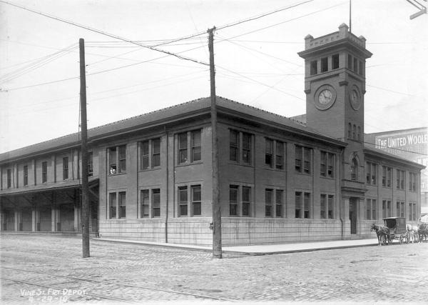 Historic photo of the Southern Railway freight depot at Vine and Front Streets