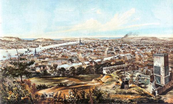 1853 painting of Cincinnati and the Miami & Erie Canal as seen from atop Mt. Adams