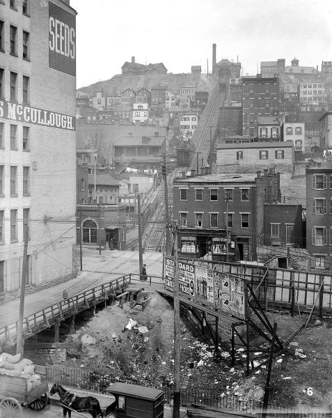 Historic photo of 5th and Lock Streets at the base of the Mt. Adams Incline