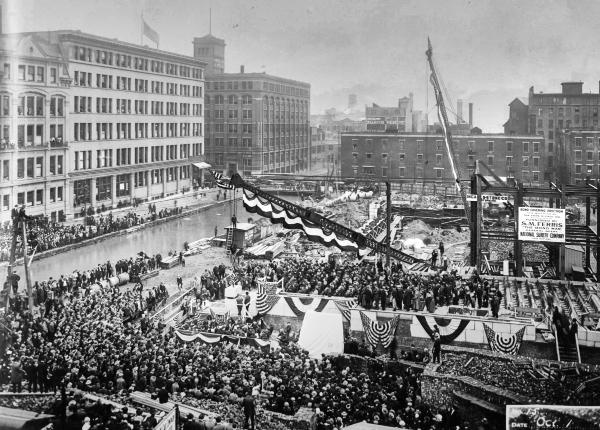 Historic photo of construction of the Hamilton County Courthouse and the Miami & Erie Canal