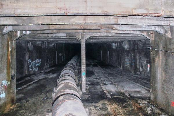 Photo of the east end of the subway's Race Street station under Vine Street