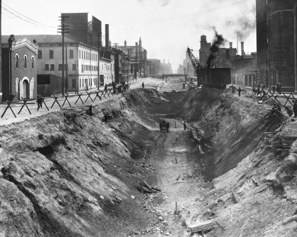 Historic photo of construction of the Liberty Street subway station