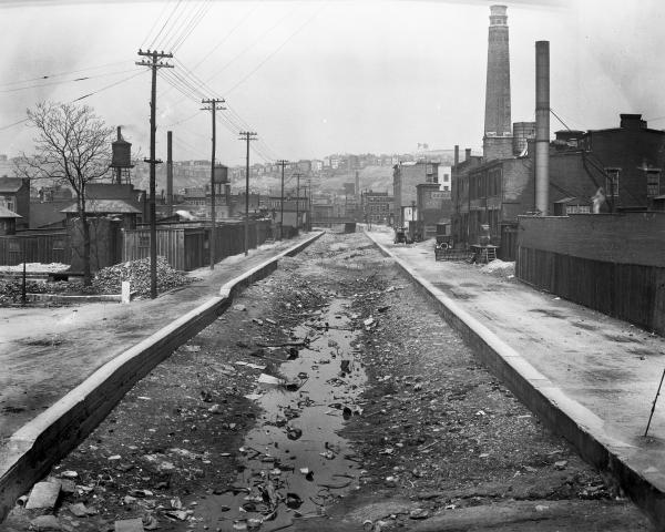 Historic photo of the Miami & Erie Canal north of Liberty Street after draining