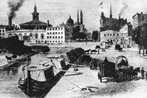 Historic woodcut showing the Miami & Erie Canal at the Plum Street bend