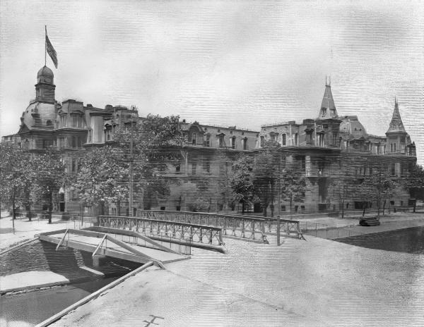 Historic photo of the Miami & Erie Canal and the City Hospital at 12th Street in 1897