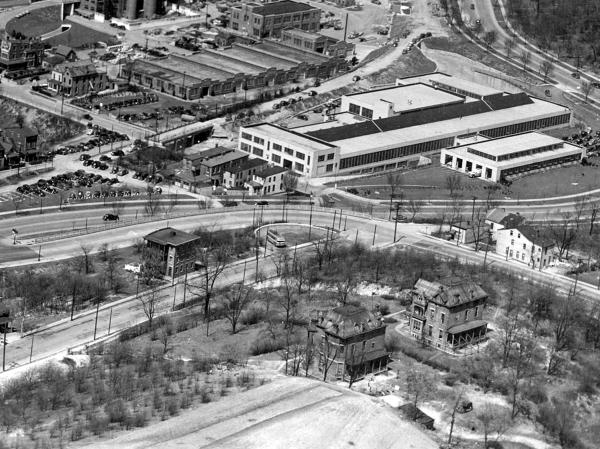 Historic aerial of the McMicken-Main route loop at McMicken and Dixmyth (now Martin Luther King Drive) in Camp Washington