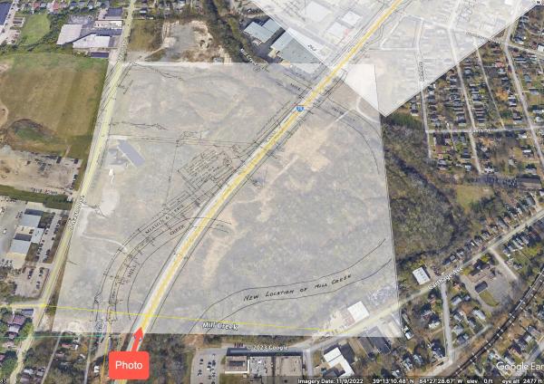 Map overlay showing how the Miami & Erie Canal diverged from I-75 south of Lockland