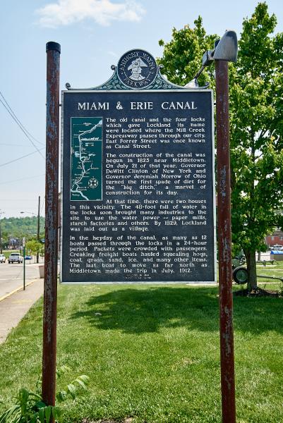 Miami & Erie Canal historical plaque at Lockland's Veterans Memorial Park