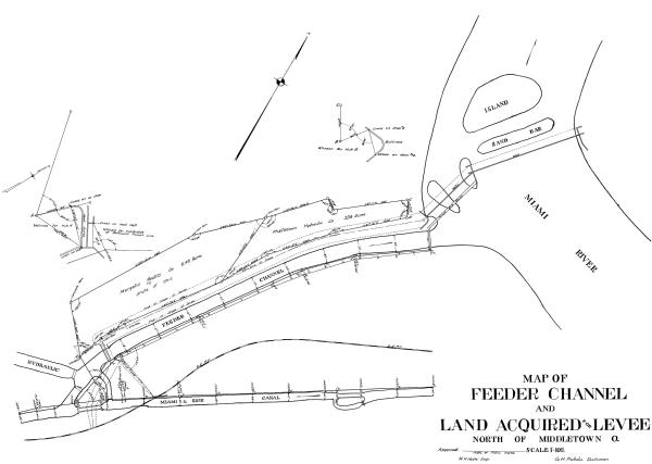 1920 plat map showing the Middletown feeder channel for the Miami & Erie Canal and Middletown Hydraulic