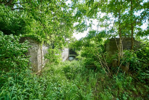 Approaching the Miami & Erie Canal Excello lock, looking west from the canal bed