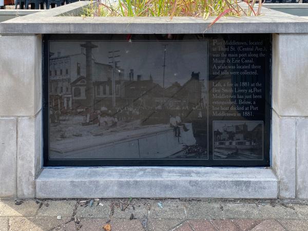 Miami & Erie Canal photo and information board at Central and Verity in Middletown