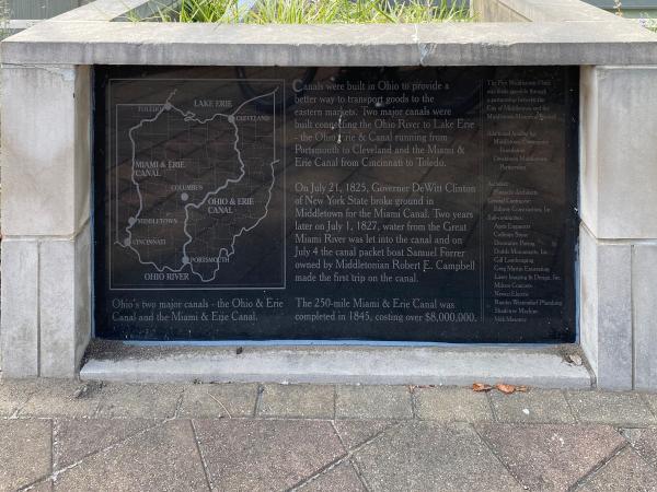 Miami & Erie Canal photo and information board at Central and Verity in Middletown