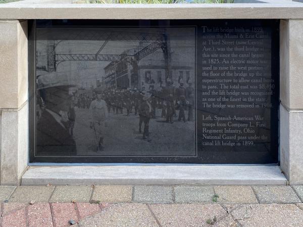 Miami & Erie Canal photo and information board at Central and Verity in Middletown