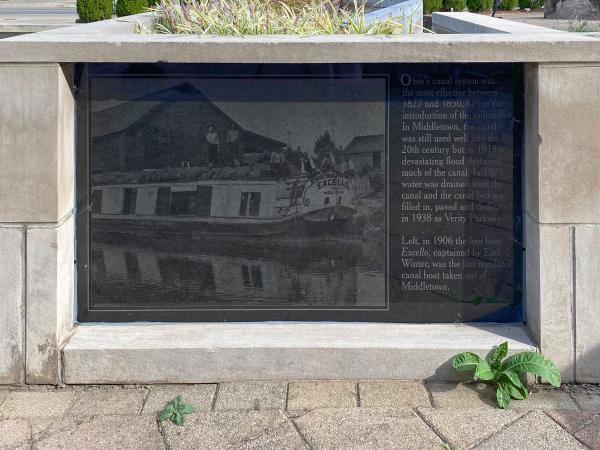 Miami & Erie Canal photo and information board at Central and Verity in Middletown