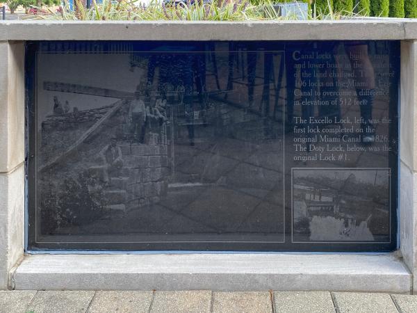 Miami & Erie Canal photo and information board at Central and Verity in Middletown