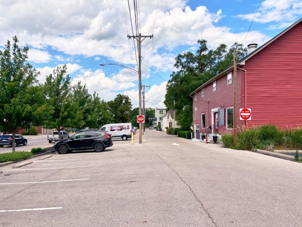 Miami & Erie Canal right-of-way and canal-era buildings at 1st and Linden in Miamisburg