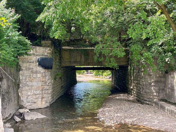 Close up view of the Miami & Erie Canal Sycamore Creek Aqueduct in Miamisburg