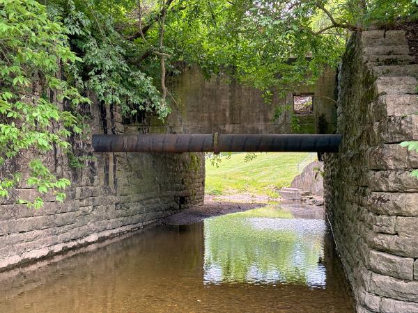 Close up view of the Miami & Erie Canal Sycamore Creek Aqueduct in Miamisburg