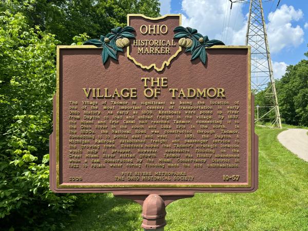 Village of Tadmor historical plaque next to the Great Miami River Recreational Trail and the Miami & Erie Canal