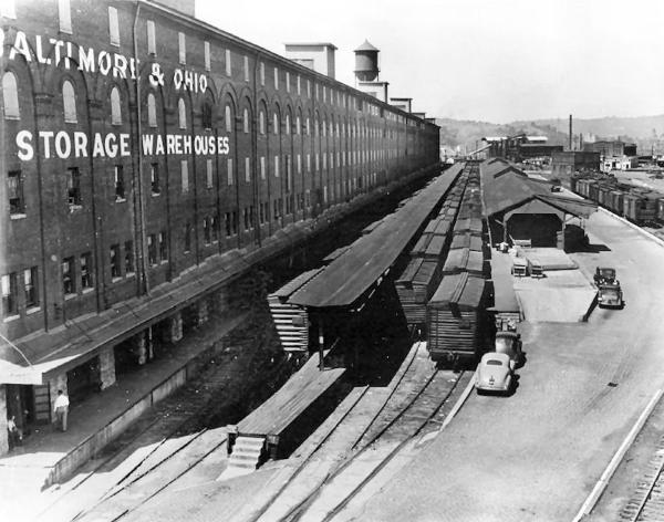Historic photo of the completed B&O freight warehouse, now Longworth Hall, sometime in the 1930s or 1940s