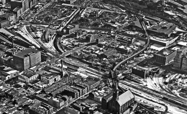 Historic aerial of the Kenyon-Barr area of the near West End, now Queensgate, showing numerous railroad facilities
