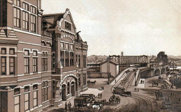 Historic drawing of the Pennsylvania/Little Miami Railroad station and the approach to the Newport & Cincinnati Bridge