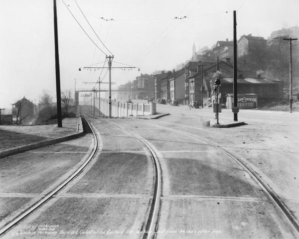 Historic photo of Columbia Parkway at Bains Street, showing the private streetcar right-of-way