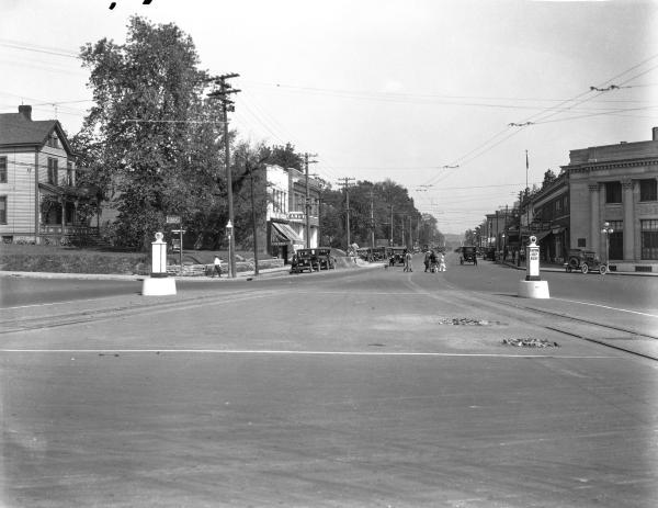 Historic photo of the east side of Oakley Square at Markbreit and Allston streets